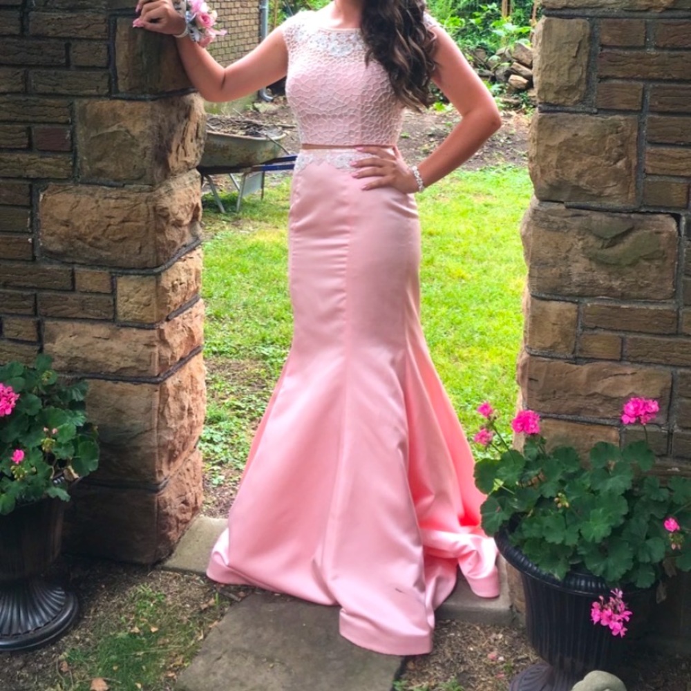 Two-piece prom dress designed by Sherri Hill. Size 6. Color Blush Pink.